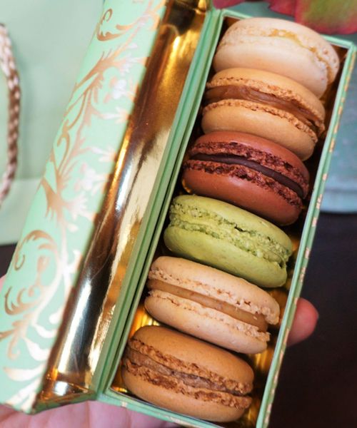 A hand holds an open, decorative box containing six colorful macarons in shades of beige, brown, and green, with a gold interior.