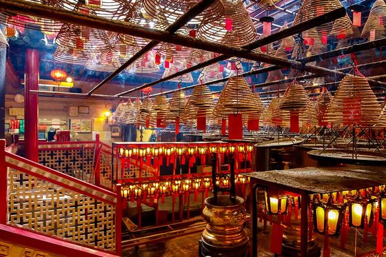 Interior of a temple with numerous spiral incense coils hanging from the ceiling, and red pillars and lanterns enhancing the vibrant atmosphere.