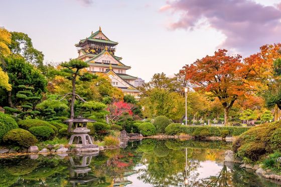 A traditional Japanese castle surrounded by lush gardens with colorful autumn trees, reflected in a serene pond under a pastel sky.