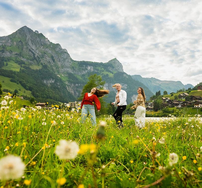 Three people dance joyfully in a lush meadow with dandelions, backed by majestic mountains and a quaint village under a cloudy sky.