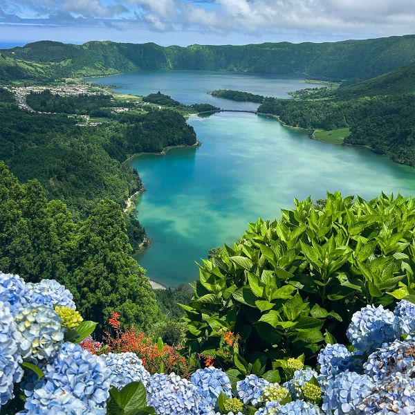 Scenic view of a turquoise lake surrounded by lush green hills, with vibrant blue hydrangeas in the foreground under a partly cloudy sky.