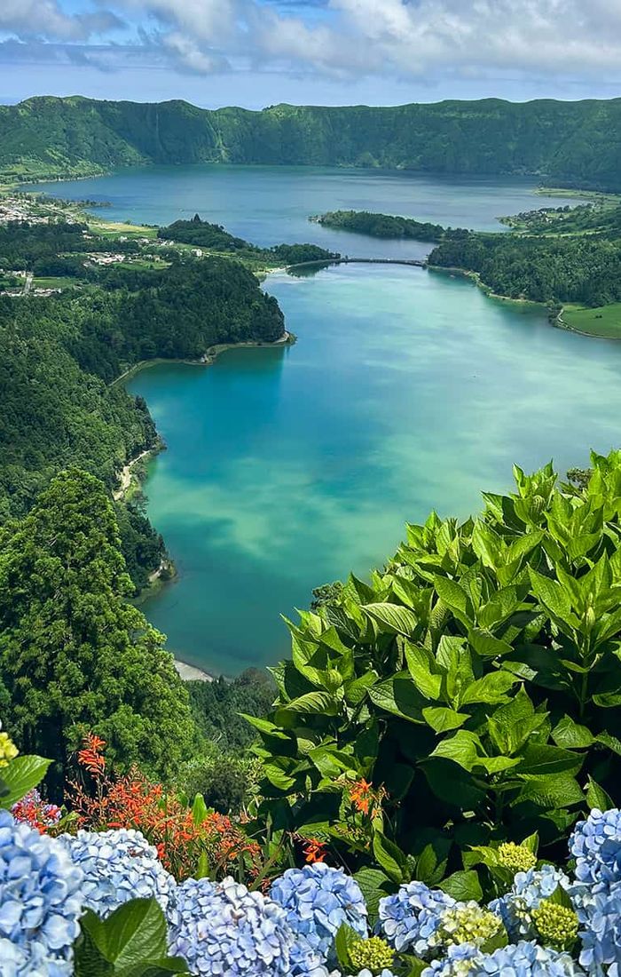 Scenic view of a turquoise lake surrounded by lush green hills, with vibrant blue hydrangeas in the foreground under a partly cloudy sky.