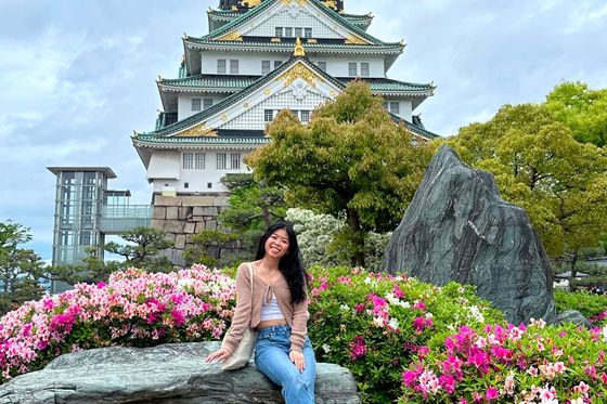 A woman sits on a rock surrounded by pink flowers in front of Osaka Castle, with cloudy skies above.