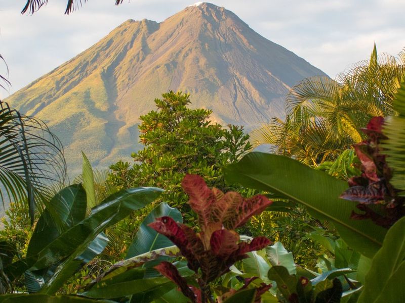 A lush tropical landscape with vibrant green and red foliage frames a tall, majestic mountain under a partly cloudy sky.