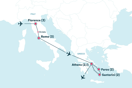 Map showing a travel itinerary from Florence to Rome, Athens, Paros, and Santorini with airplanes indicating routes.