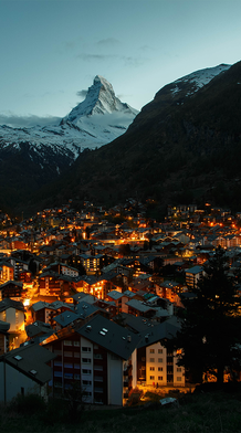 A city lit up at night with mountains in the background