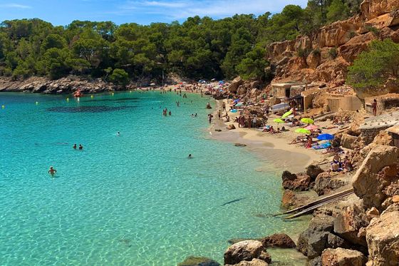A rocky beach with clear turquoise water, people swimming and sunbathing on sandy shores, surrounded by green trees and cliffs.