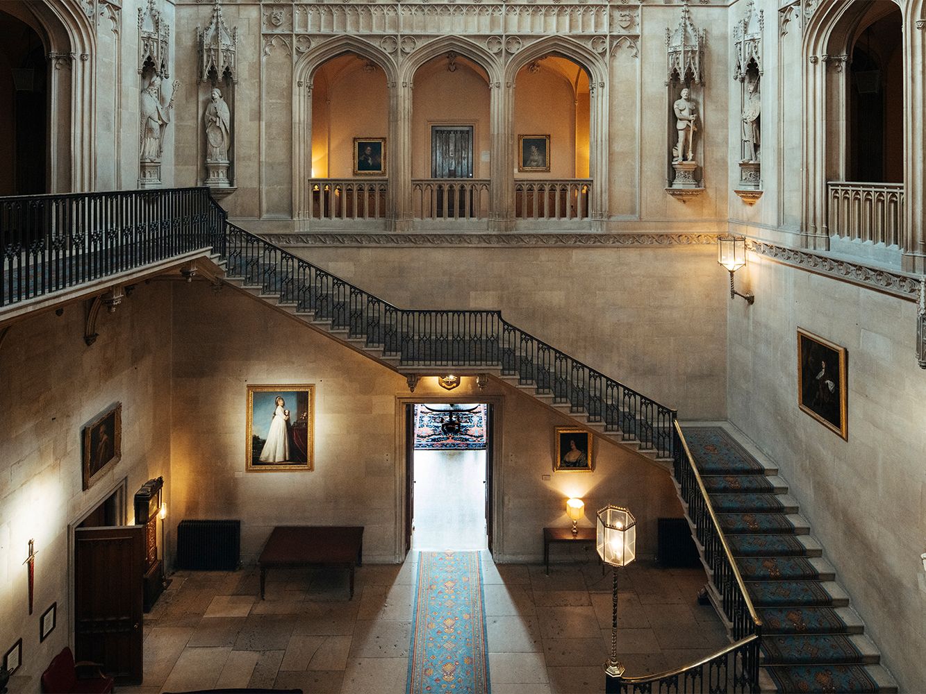 Grand stone staircase inside Ashridge House, the murder mystery estate