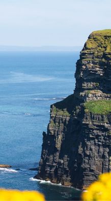 A tall, rocky sea stack and a cliff with grassy top and a small building overlooking a vast blue ocean under a clear sky, with yellow flowers in foreground.