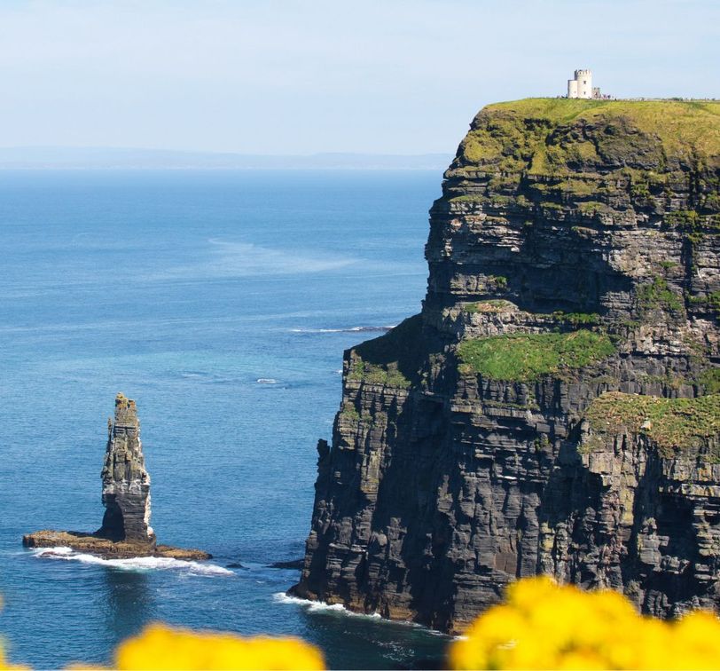 A tall, rocky sea stack and a cliff with grassy top and a small building overlooking a vast blue ocean under a clear sky, with yellow flowers in foreground.