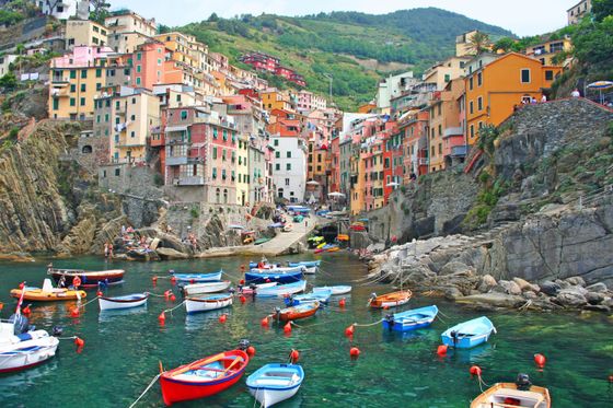 Colorful houses on a steep hillside overlook a small harbor with numerous boats floating on clear turquoise waters.