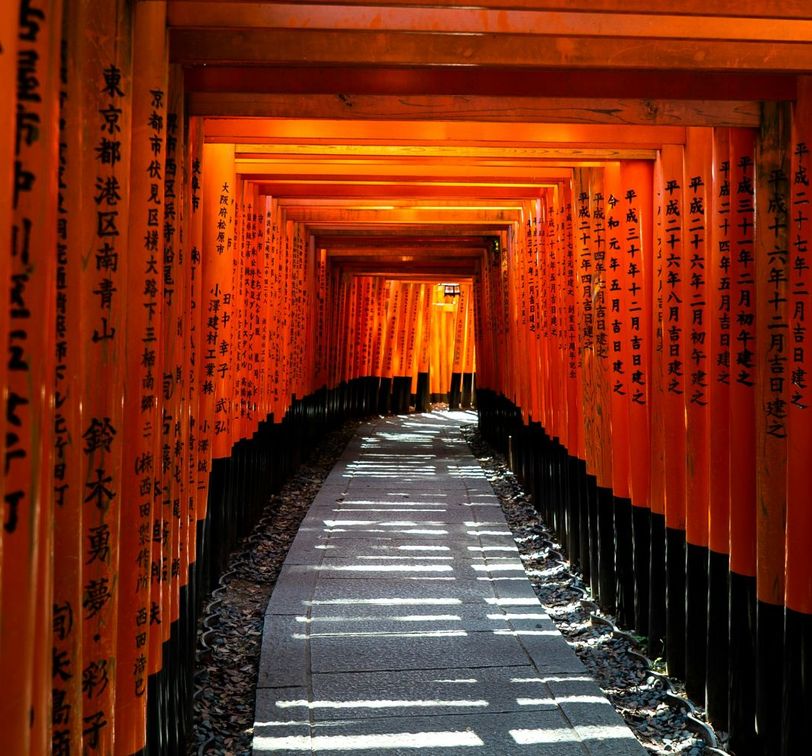 A pathway lined with rows of vibrant orange torii gates, featuring Japanese inscriptions, creating a tunnel of light and shadow.