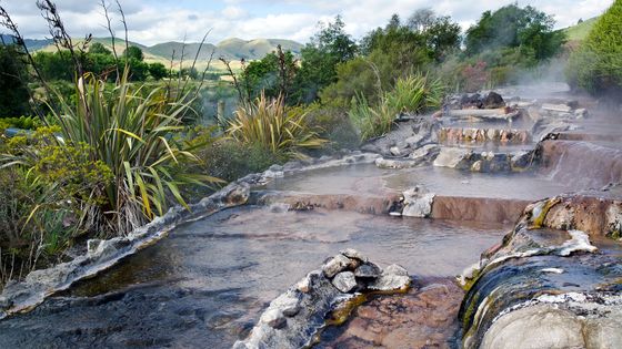 Steaming geothermal pools with rocky edges, surrounded by lush greenery and hills under a partly cloudy sky.