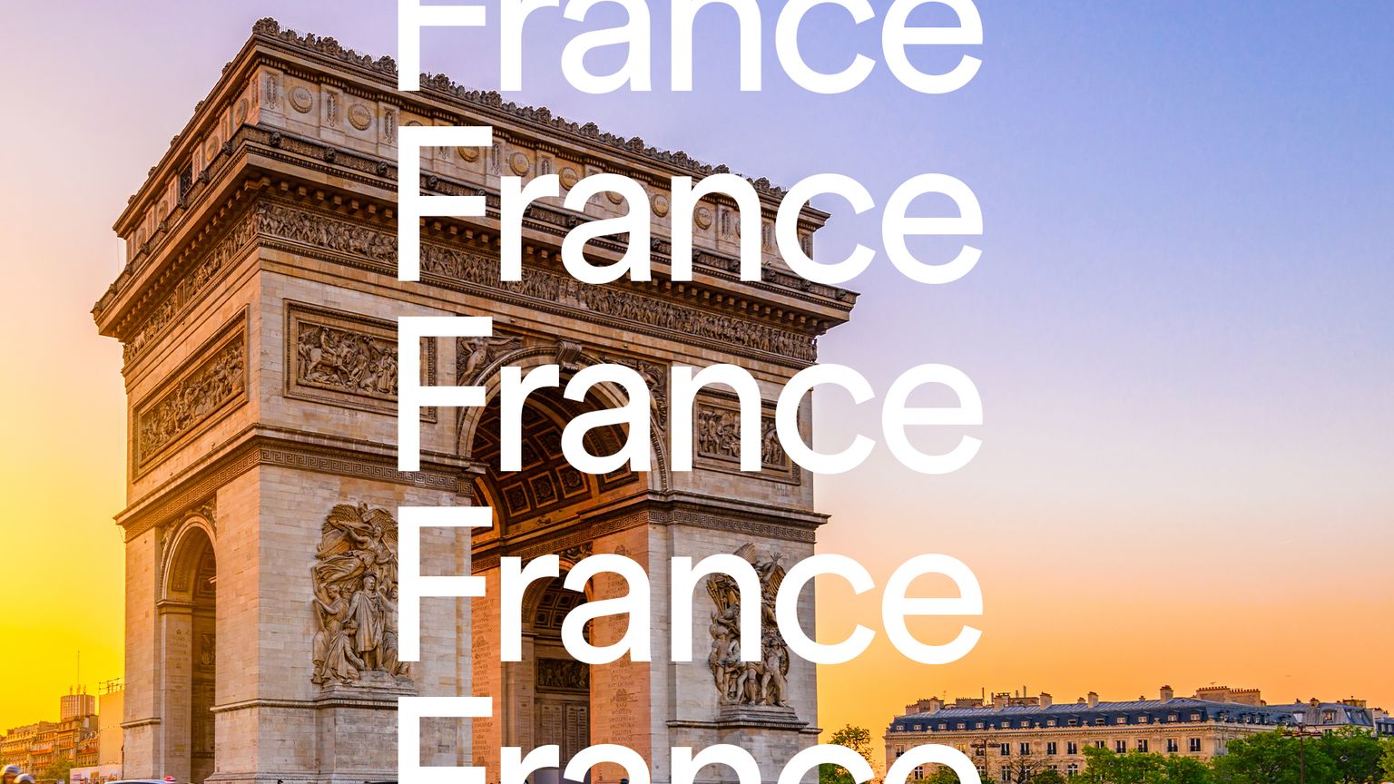 The Arc de Triomphe in Paris at sunset, with the word "France" repeated in large white letters over the image.
