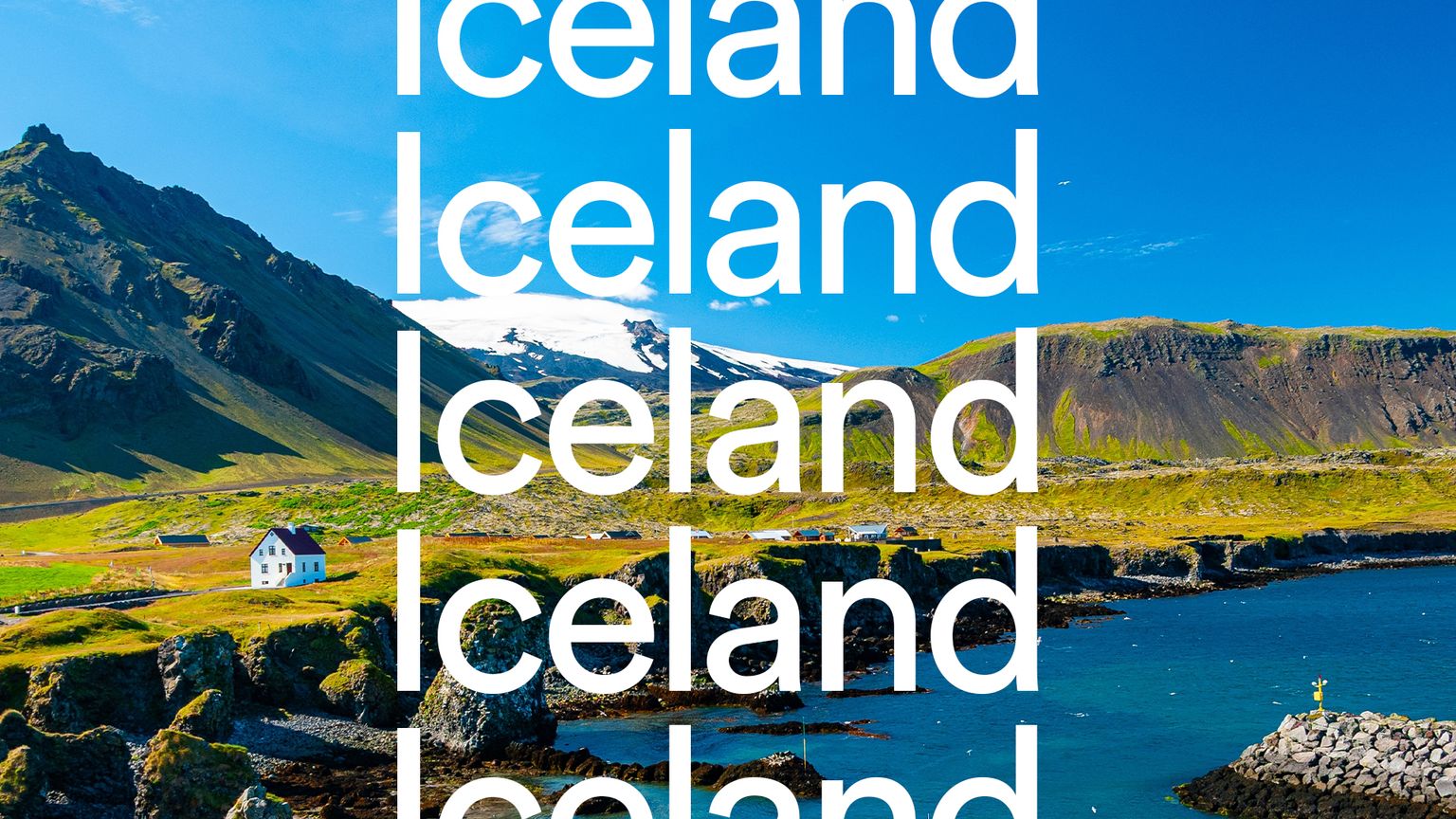Scenic view of an Icelandic coastline with mountains, a white house, and clear blue skies, overlaid with the word "Iceland" repeated five times.