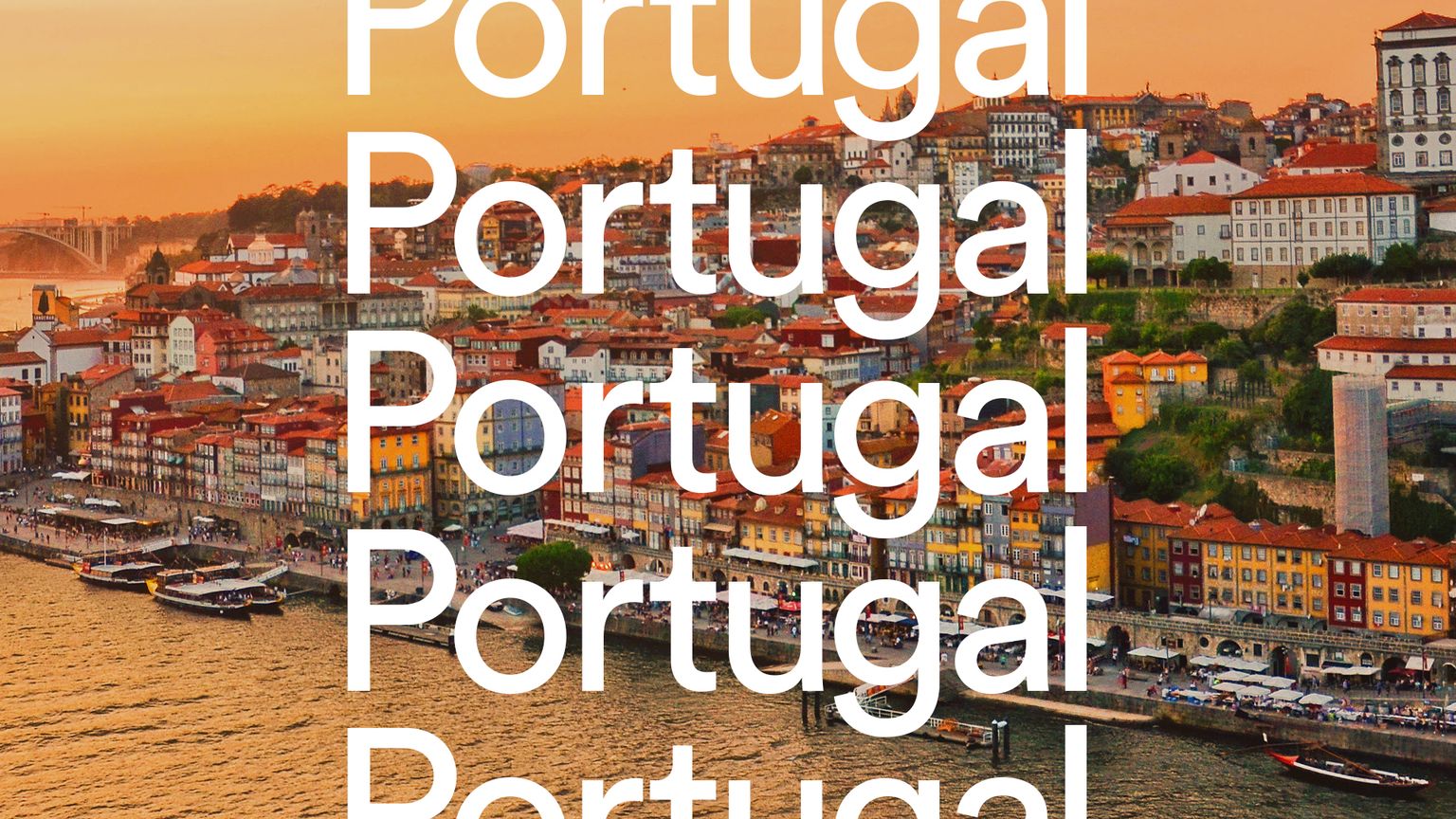 Sunset view of a Portuguese riverside town with colorful buildings and boats, overlaid with the repeated word "Portugal" in bold white text.
