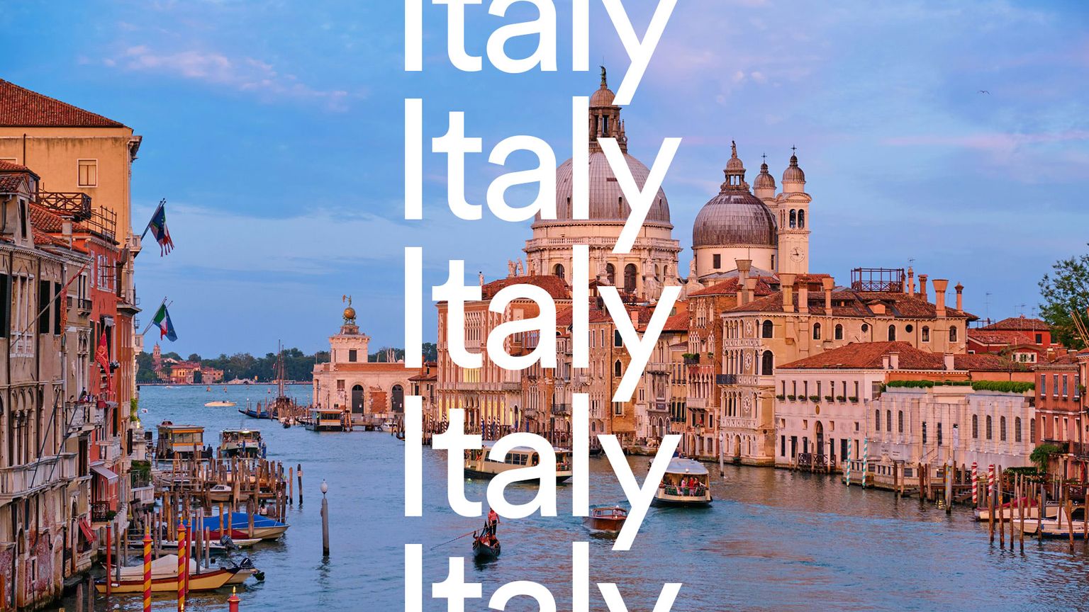 Scenic view of Venice's Grand Canal at sunset with historic buildings and gondolas, overlaid with the repeated word "Italy."