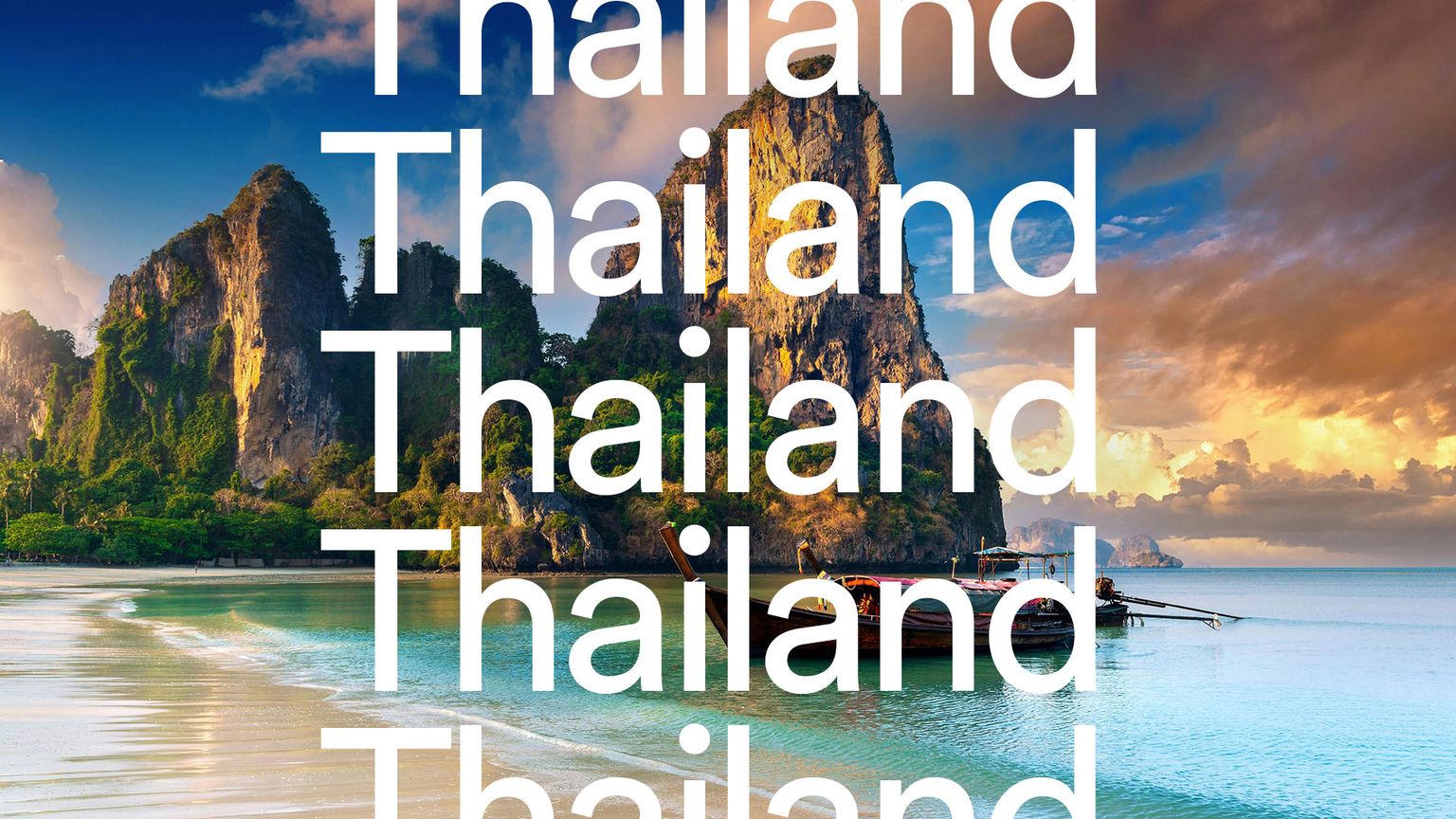 Scenic beach in Thailand with turquoise water, limestone cliffs, and a traditional longtail boat under a cloudy sky. The word "Thailand" repeated.