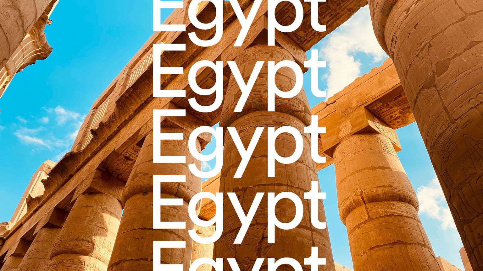 Ancient Egyptian temple ruins under a blue sky, with the word "Egypt" vertically repeated in white over the image.