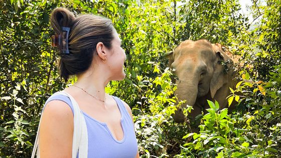 A person in a sleeveless top stands among lush greenery, smiling at an elephant nearby.