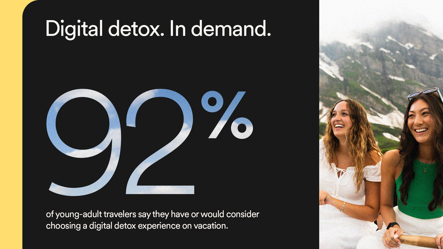 Text reading "Digital detox. In demand." with "92%" below, mentioning young adults' interest in digital detox vacations. Two smiling women outdoors on the right.