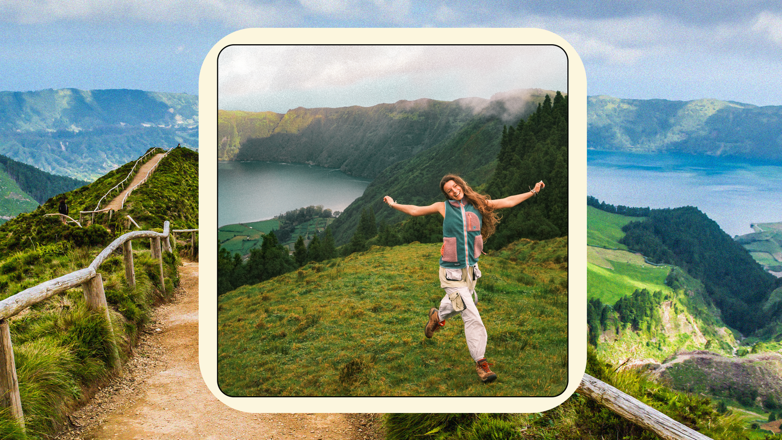 A joyful person dances on a grassy hilltop overlooking a serene lake and lush green mountains, framed by a scenic path.