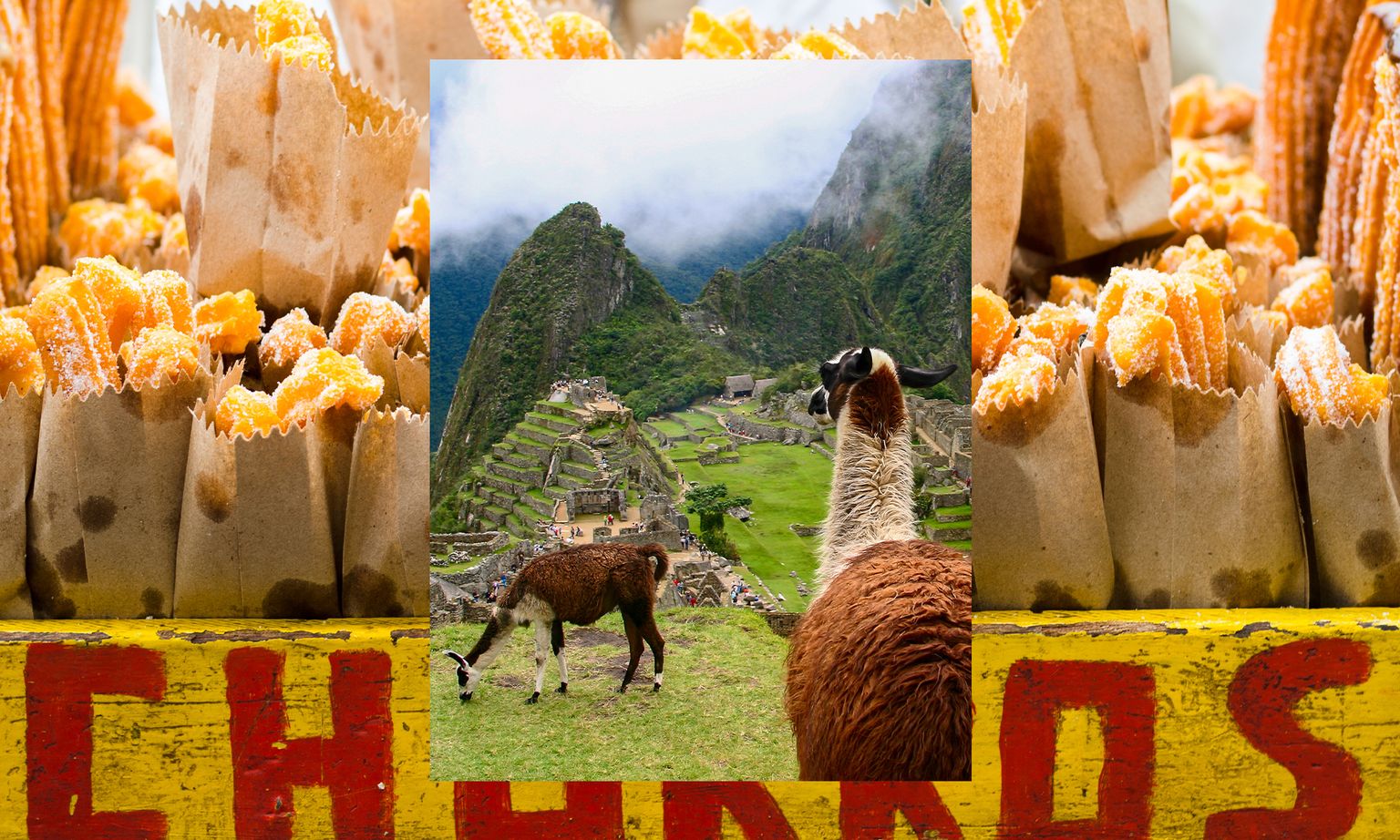 Llamas in Machu Picchu with churros stacked in paper bags as a background.