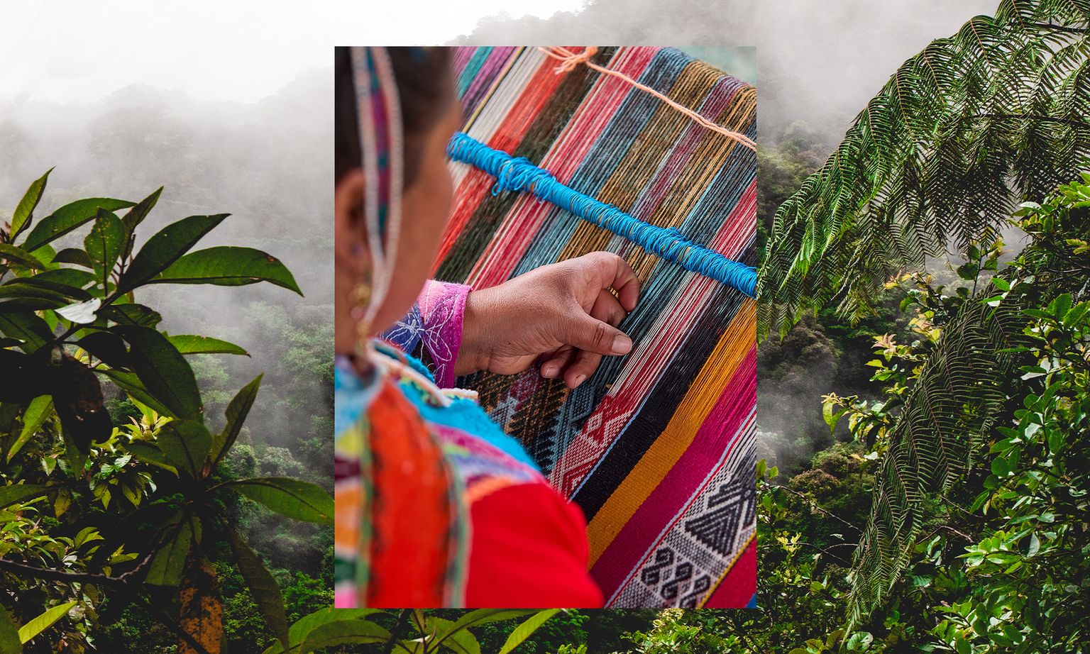 A person weaving colorful textiles with intricate patterns, set against a misty, lush green forest backdrop.