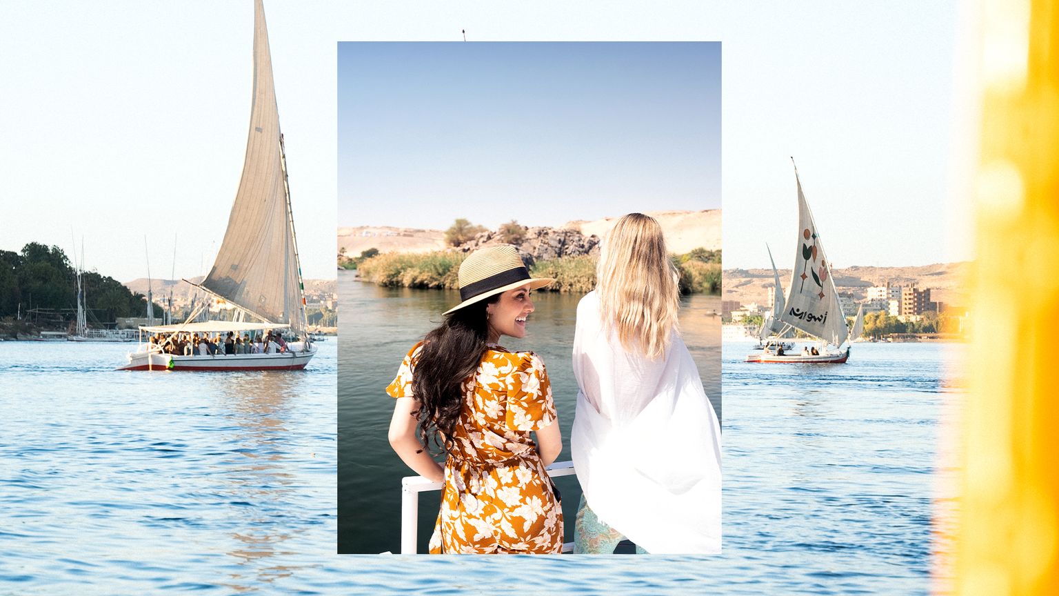Two women looking out at the water from a boat on the Nile River.
