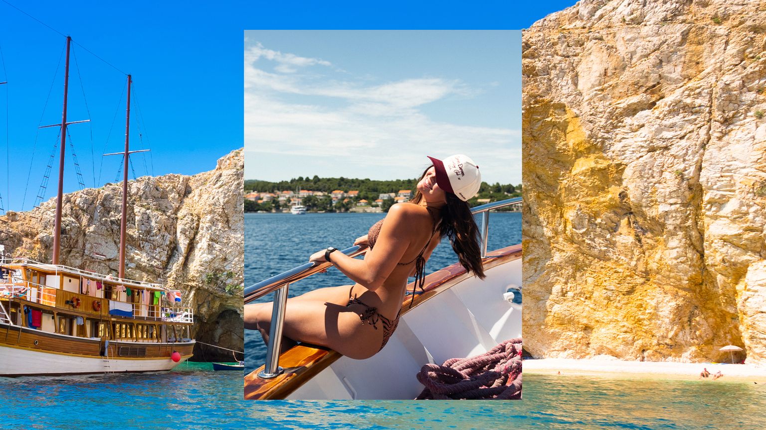 A woman leaning over the deck of a boat while cruising in Croatia.