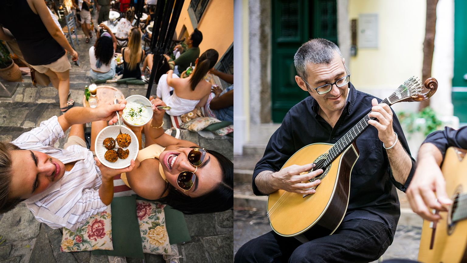 People enjoying food on a stone staircase; a musician playing a string instrument in an outdoor setting.