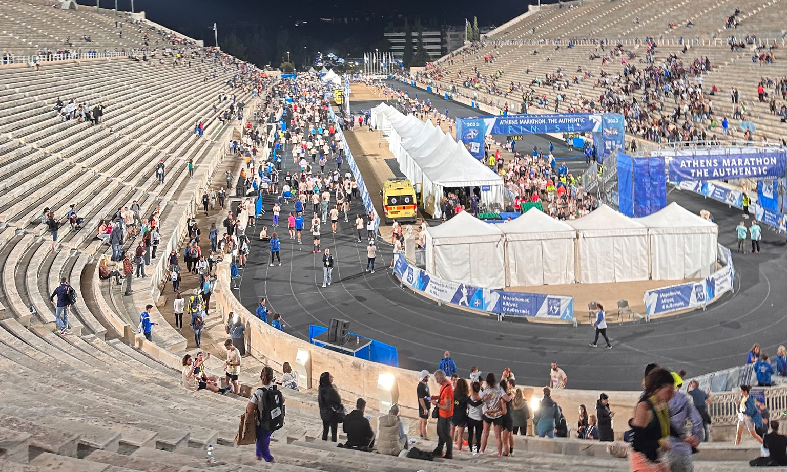 The historic Panathenaic Stadium in Athens, Greece during the Athens Marathon race.