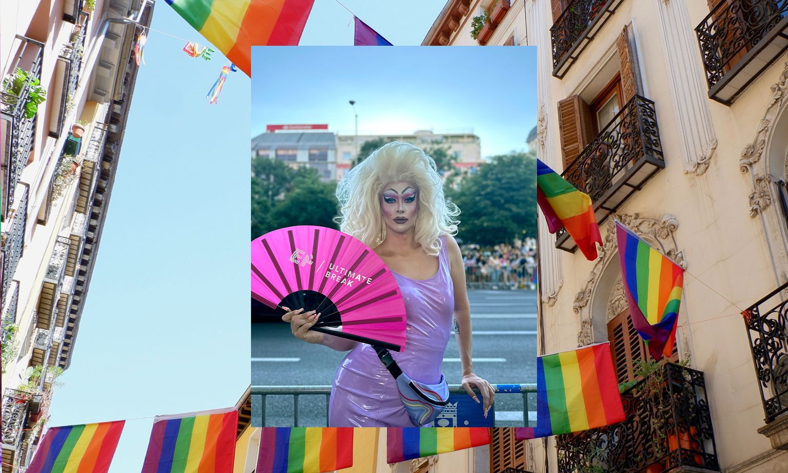 A drag queen with an EF Ultimate Break fan during Pride in Madrid.