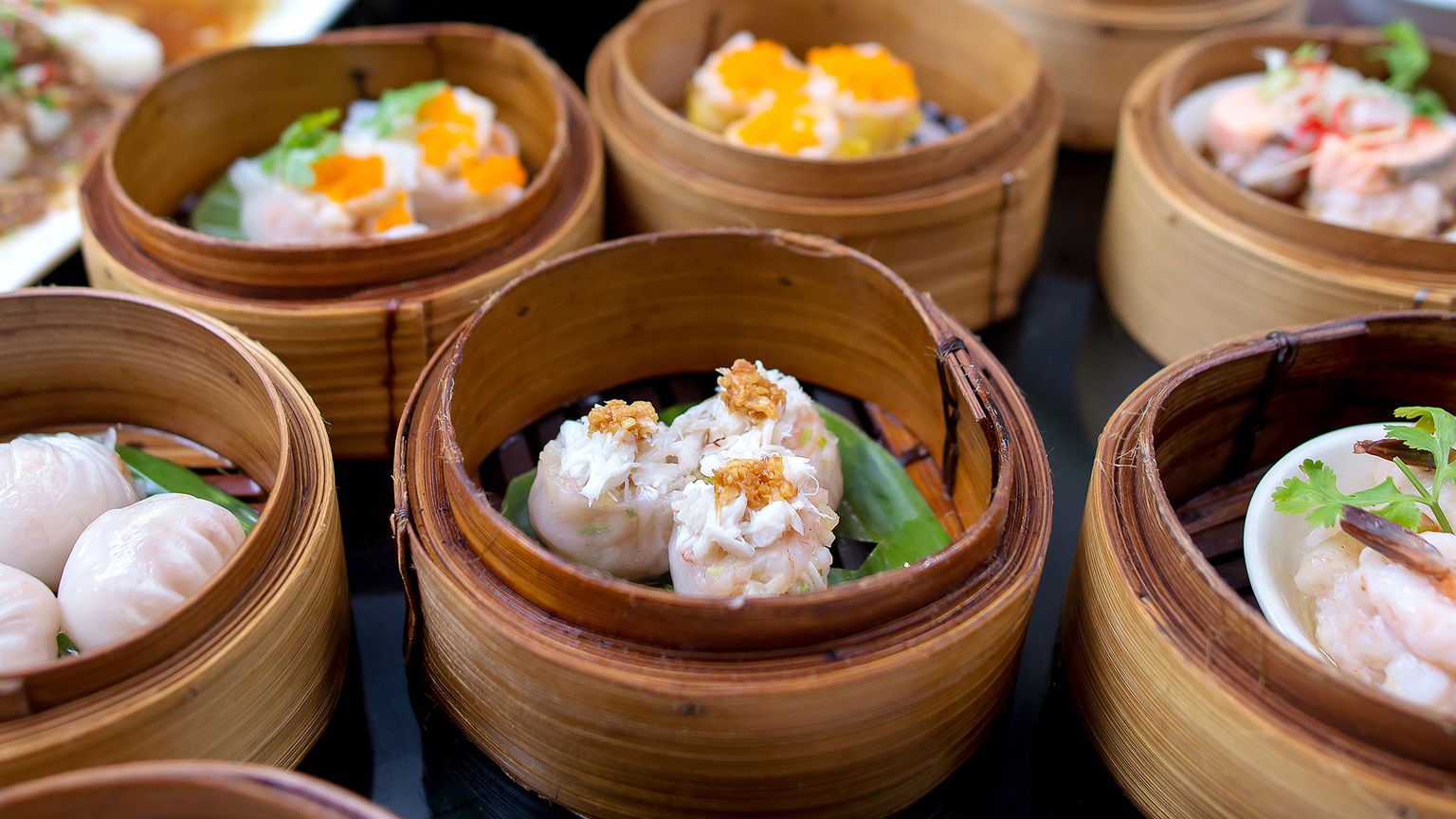 A selection of tasty dim sum in bamboo baskets