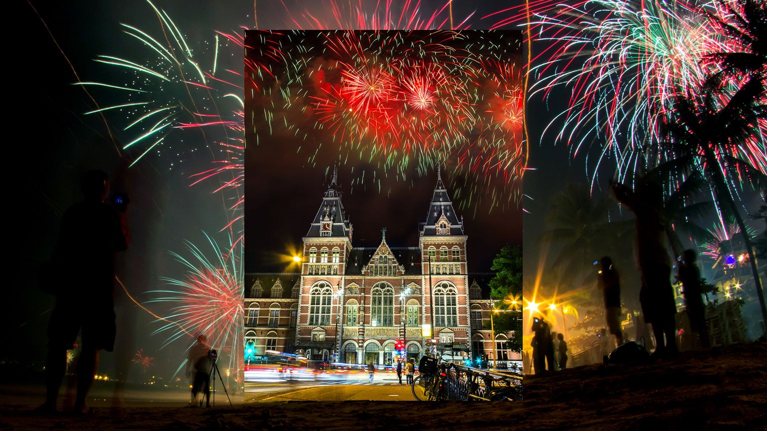 Fireworks lighting up the sky in Amsterdam.