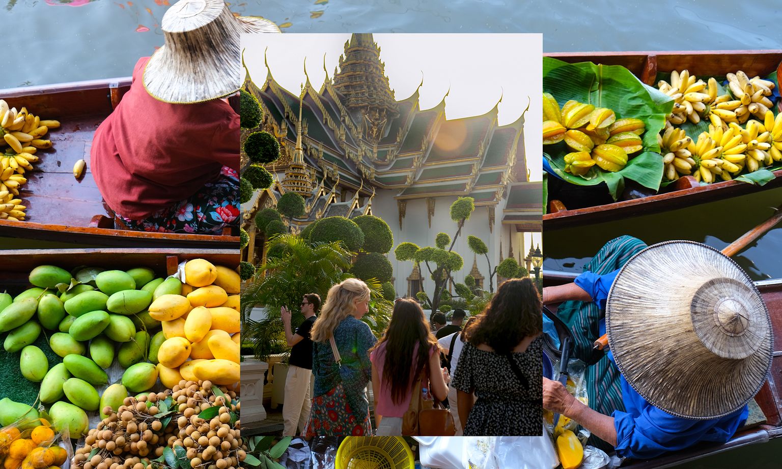 People at a temple surrounded by boats filled with tropical fruits like bananas and mangoes, showcasing a vibrant cultural and market scene.