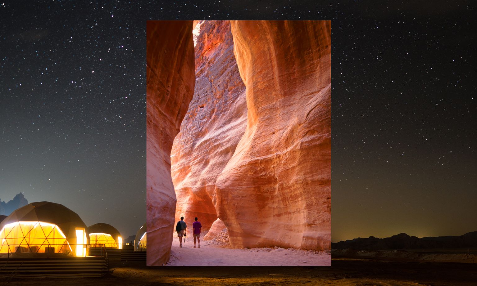 Two people walk through a narrow, illuminated canyon under a starry night sky, with dome structures in the desert.