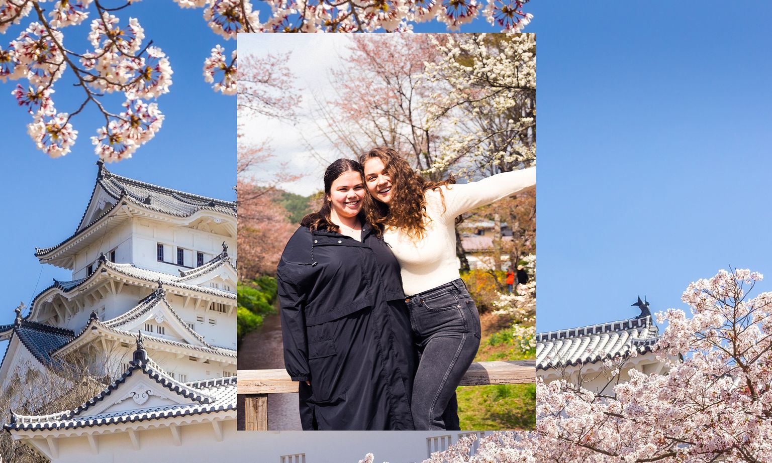 Two people smiling in front of cherry blossoms, with a Japanese castle in the background, under a bright blue sky.