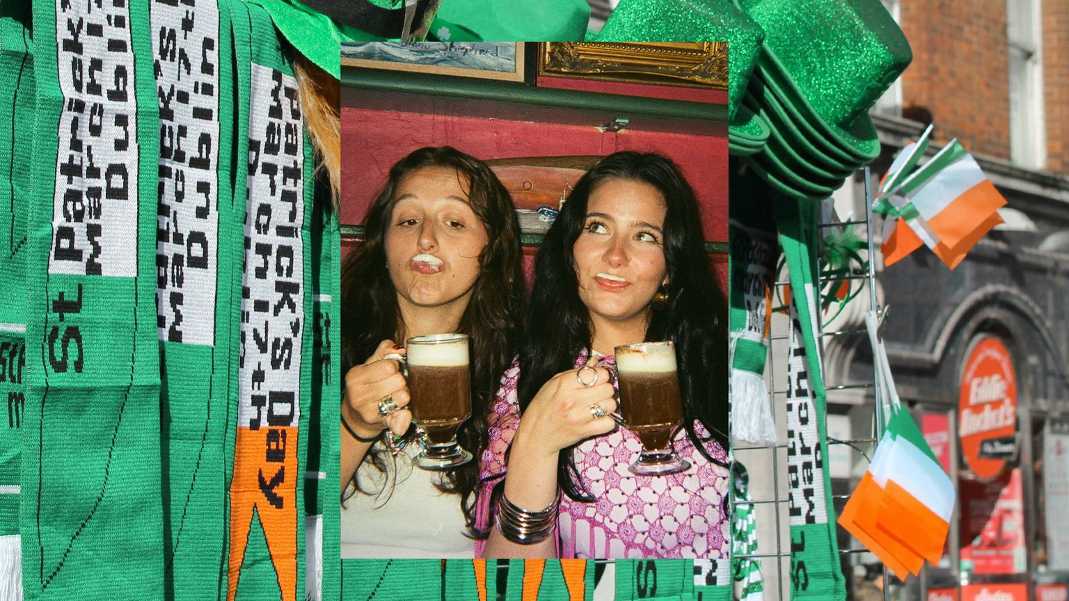 Two women holding up Irish coffees with milk mustaches in Ireland.