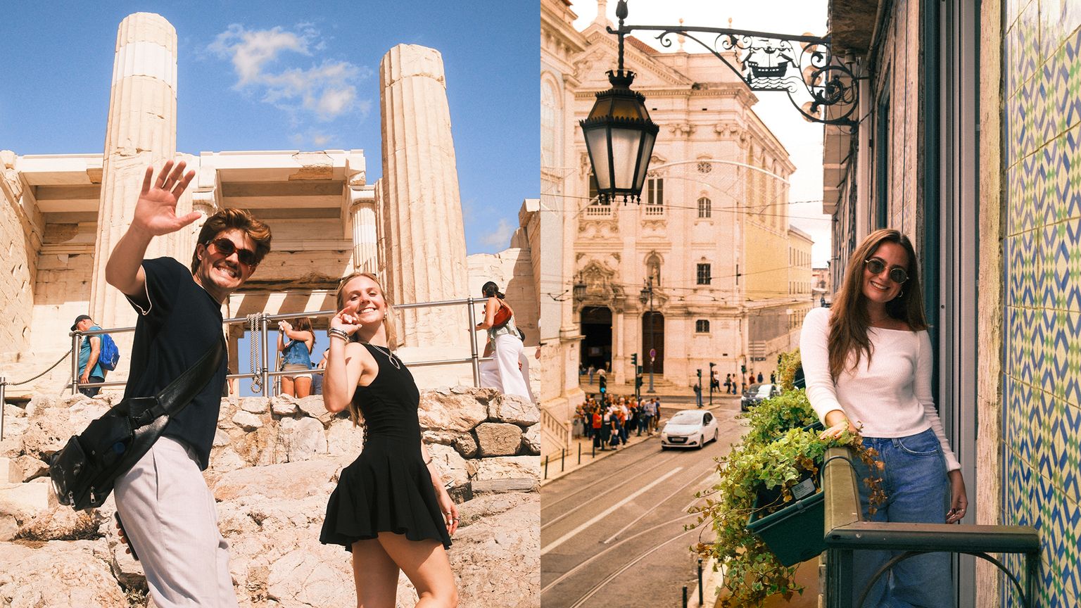 Two photos: Left, a couple smiling and waving at ancient ruins; Right, woman in sunglasses poses by a street, ornate building, and green plants.