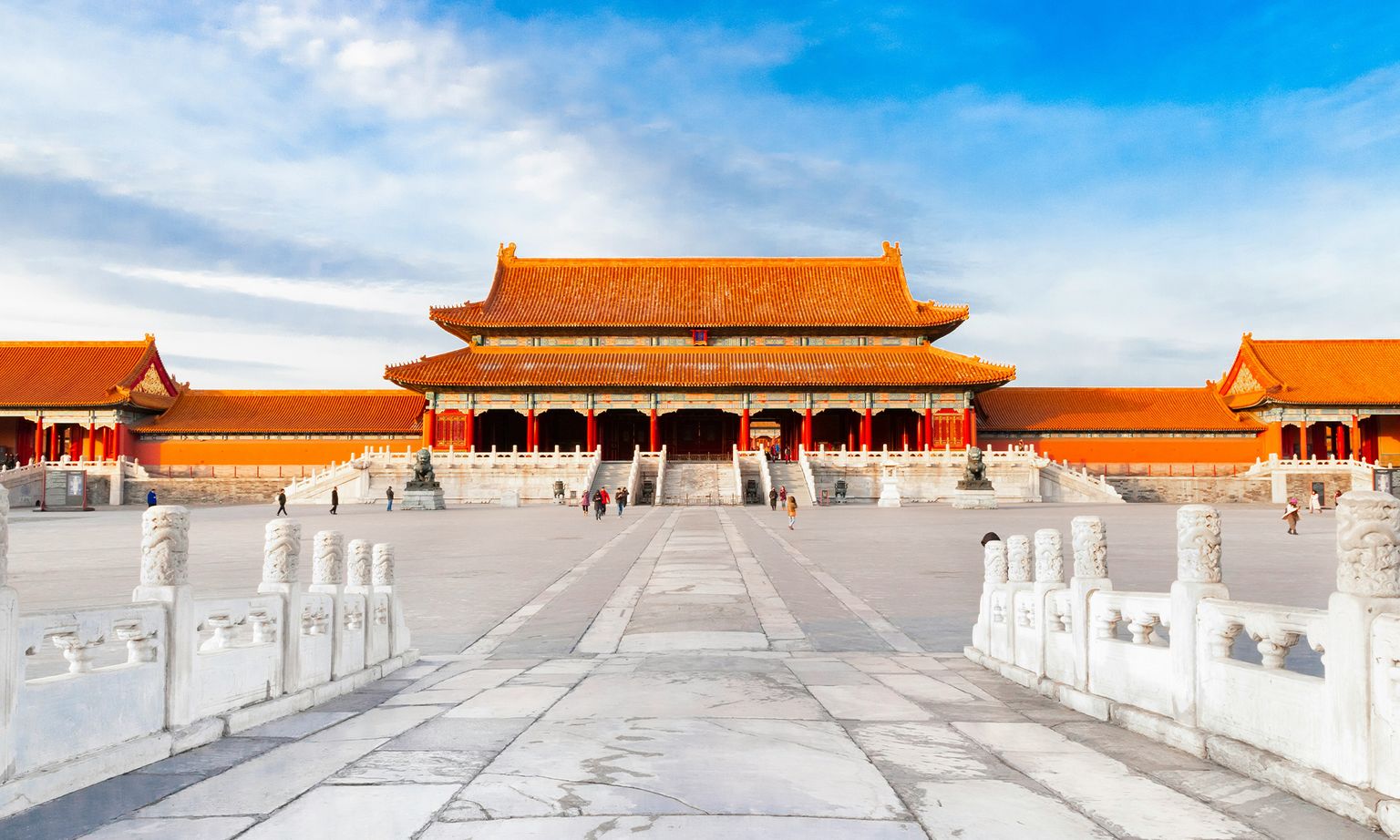 The large plaza and red-tile-roofed pagoda buildings of the Forbidden City in Beijing, China