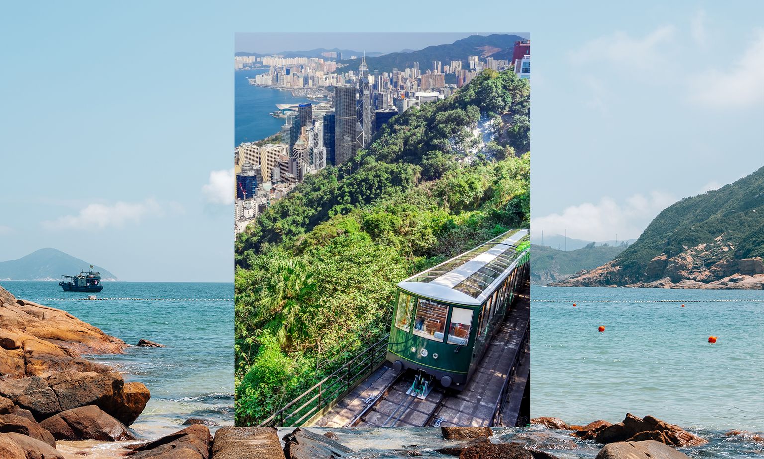 A photo of the Peak Tram going up a mountain with Hong Kong in the background over an image of Shek O beach
