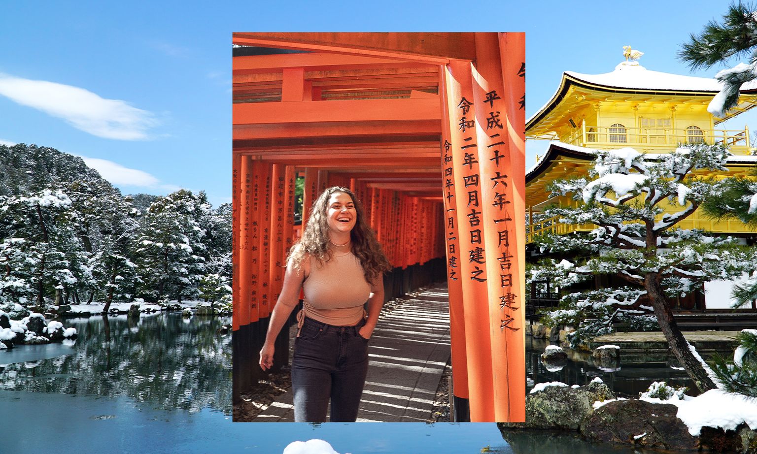 A woman walking through a row of vibrant orange torii gates, overlaid on a snowy scene with a traditional Japanese building and a serene pond.