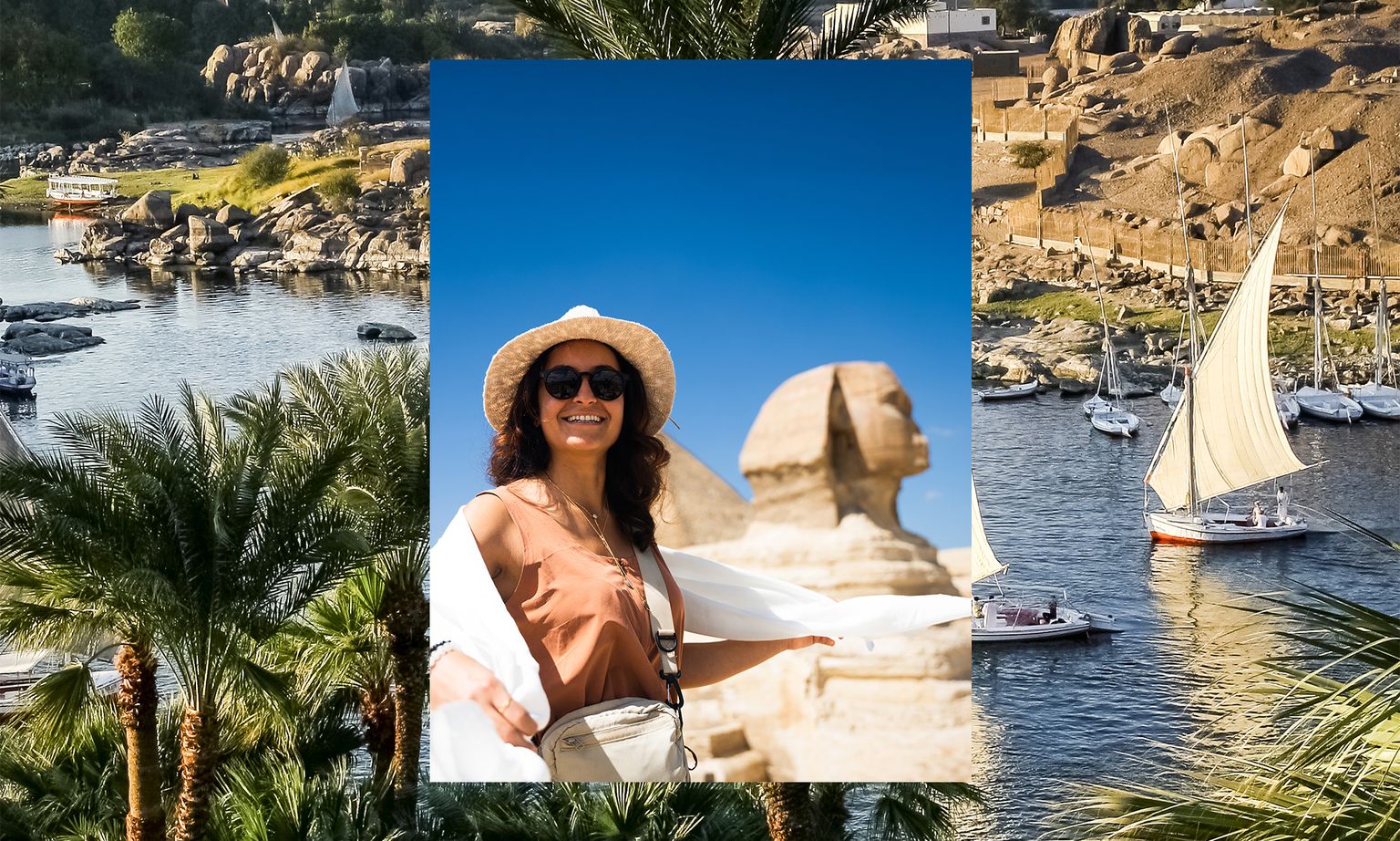 A woman in a sun hat and sunglasses smiles beside an ancient statue, with a river and sailboats in the background.