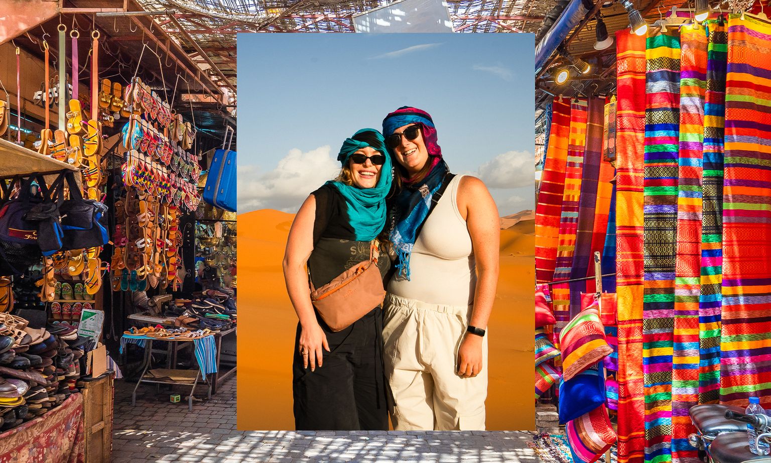 Two smiling people in colorful headscarves pose in a desert backdrop, framed by a bustling market with vibrant textiles and crafts.