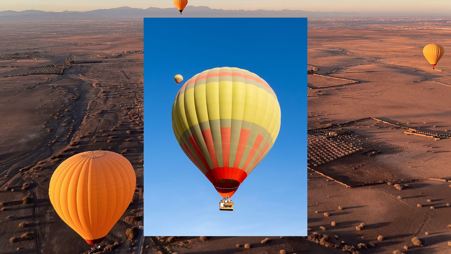 A photo of a colorful hot air balloon against a blue sky over a photo of several hot air balloons floating over the desert in Luxor, Egypt
