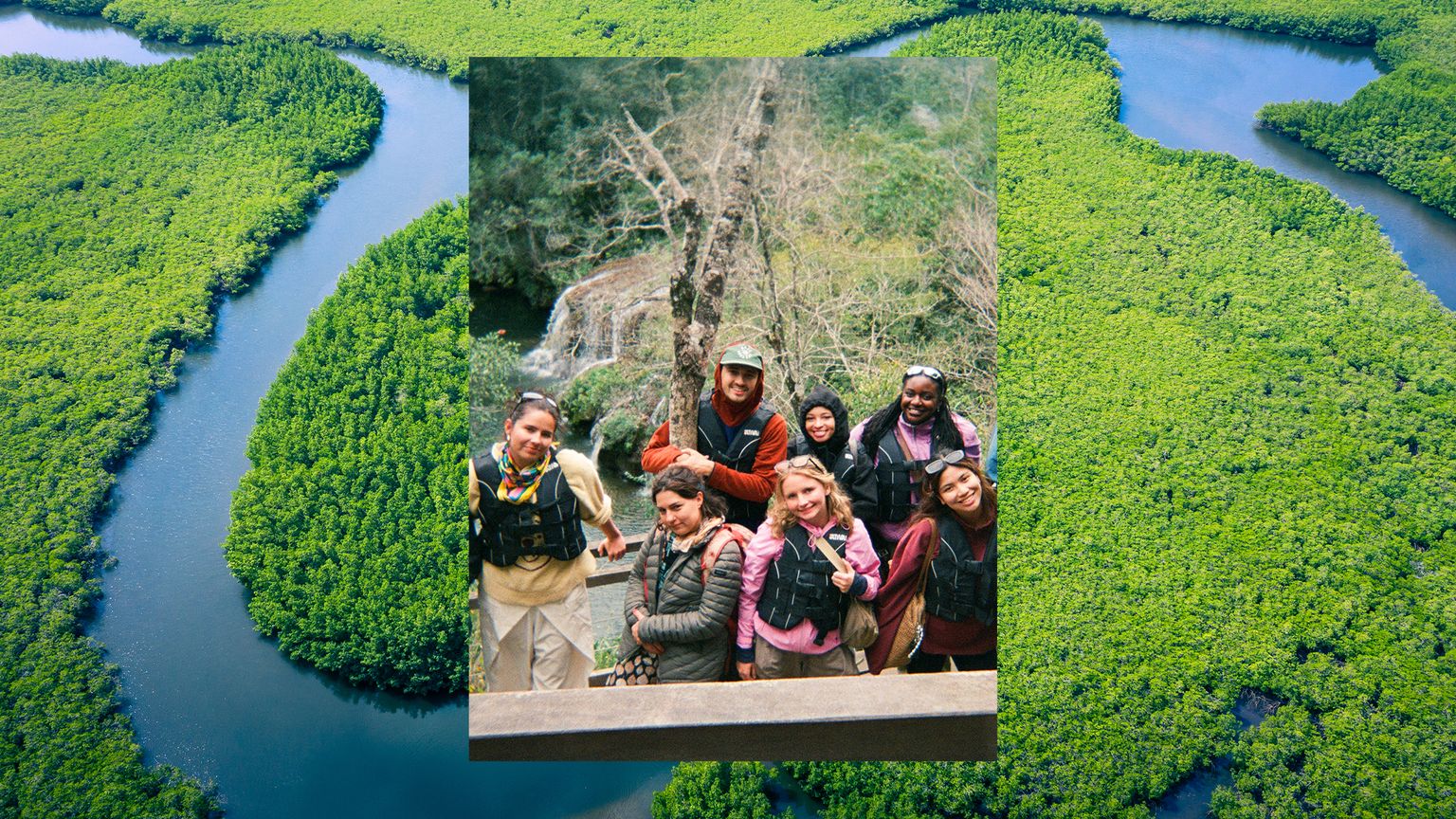 An image of a group of people smiling at the camera layered over an aerial image of the Amazon River winding through lush greenery