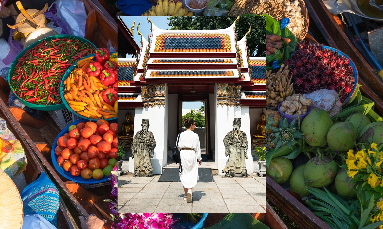 A person in a white outfit walks towards a traditional temple entrance, surrounded by images of fresh fruits, vegetables, and flowers on boats.
