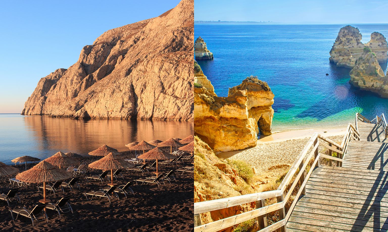 Split image of two beaches: one with straw umbrellas and rocky backdrop, the other with stairs leading to sandy shore and turquoise water.