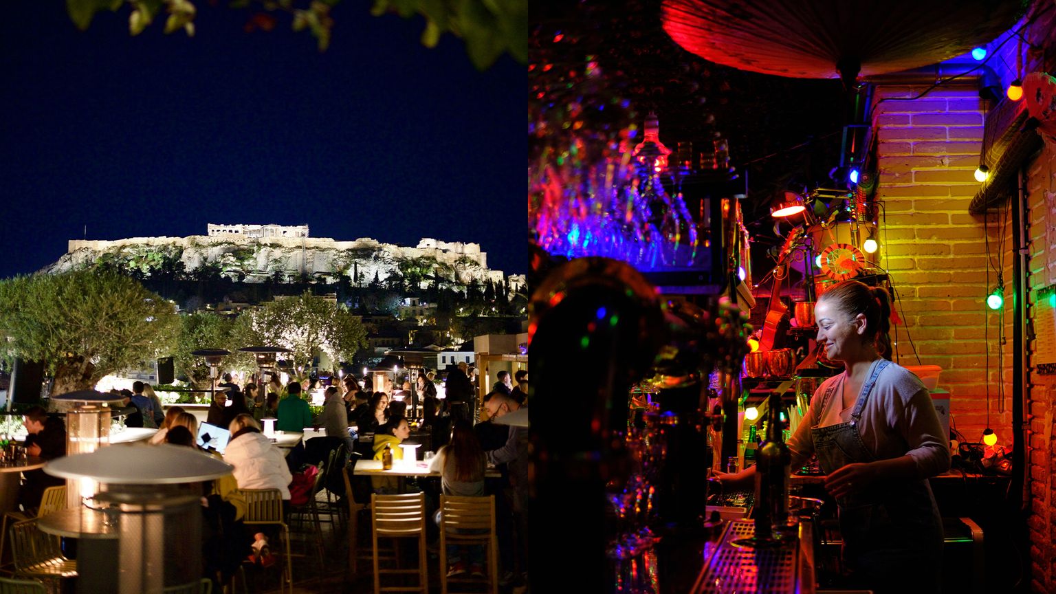 Night scene with a view of a lit ancient structure and a lively bar setting with colorful lights, people dining and a bartender preparing drinks.